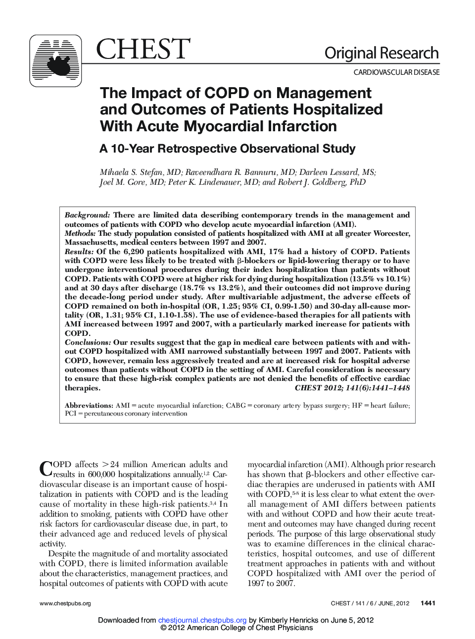 The Impact of COPD on Management and Outcomes of Patients Hospitalized With Acute Myocardial Infarction : A 10-Year Retrospective Observational Study