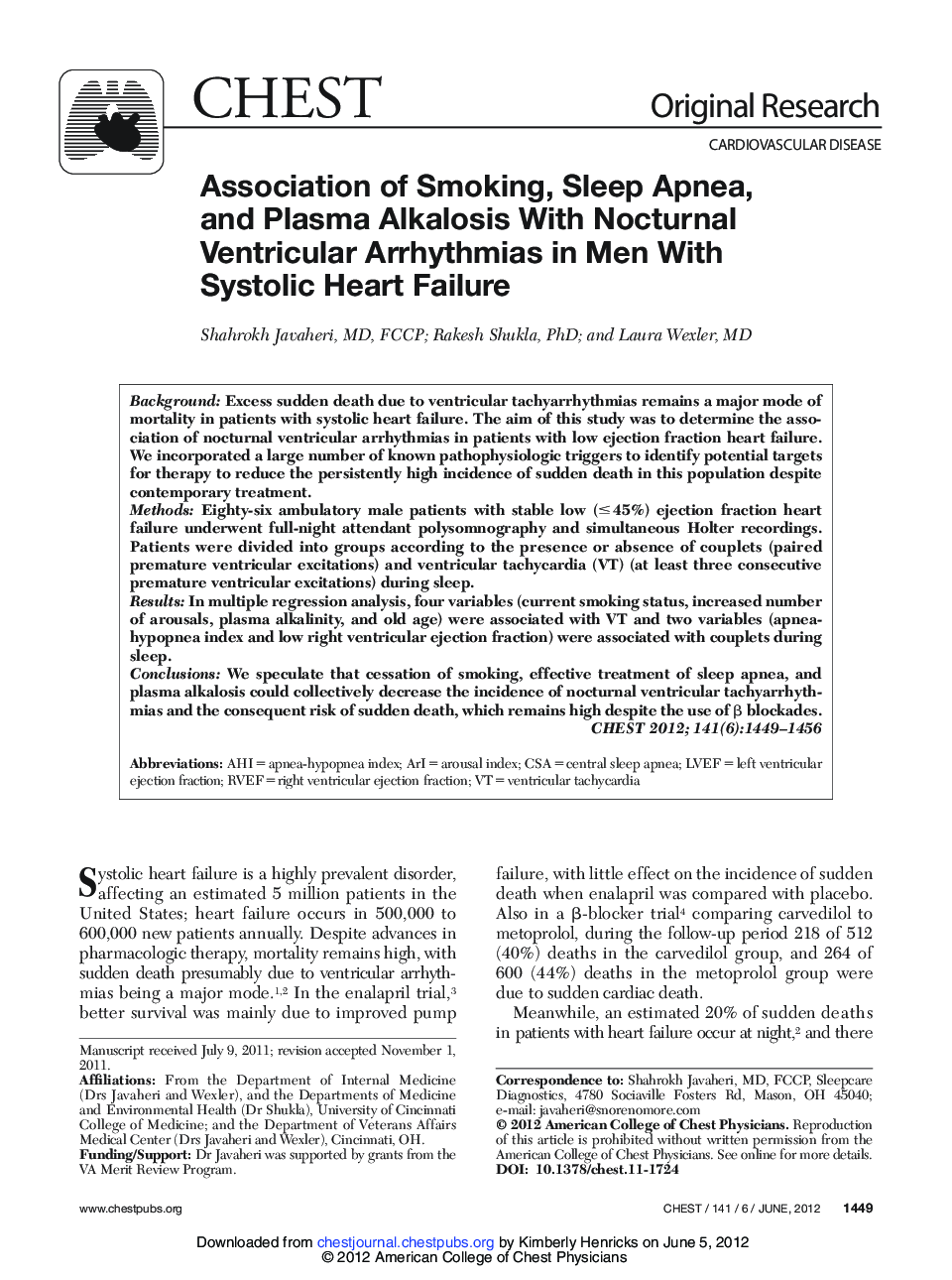 Association of Smoking, Sleep Apnea, and Plasma Alkalosis With Nocturnal Ventricular Arrhythmias in Men With Systolic Heart Failure 