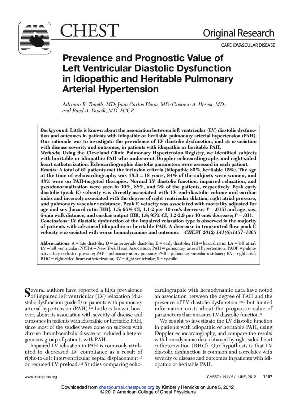 Prevalence and Prognostic Value of Left Ventricular Diastolic Dysfunction in Idiopathic and Heritable Pulmonary Arterial Hypertension 