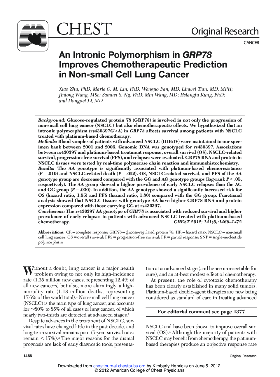 An Intronic Polymorphism in GRP78 Improves Chemotherapeutic Prediction in Non-small Cell Lung Cancer 
