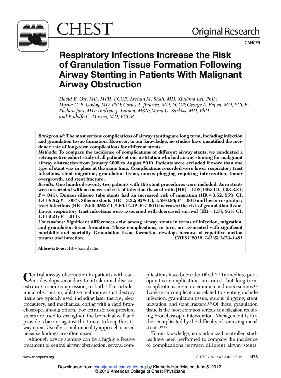 Respiratory Infections Increase the Risk of Granulation Tissue Formation Following Airway Stenting in Patients With Malignant Airway Obstruction