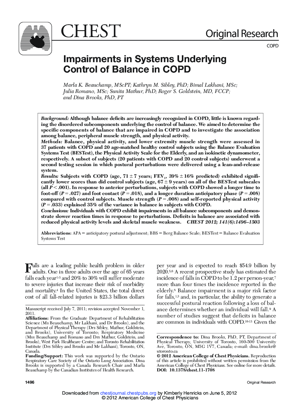 Impairments in Systems Underlying Control of Balance in COPD 
