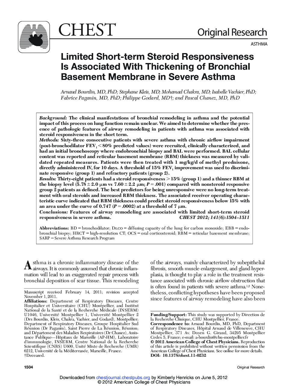 Limited Short-term Steroid Responsiveness Is Associated With Thickening of Bronchial Basement Membrane in Severe Asthma