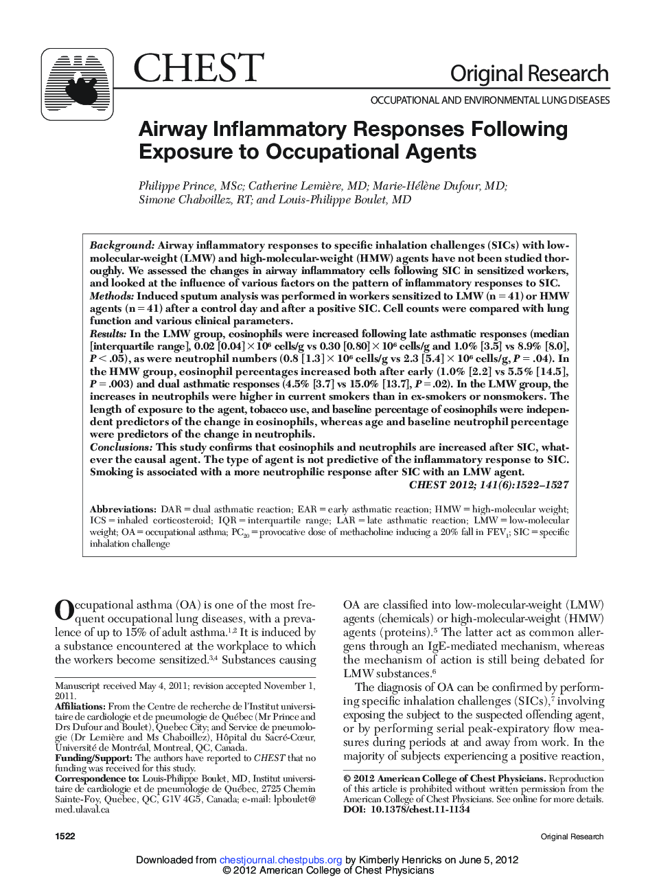 Airway Inflammatory Responses Following Exposure to Occupational Agents