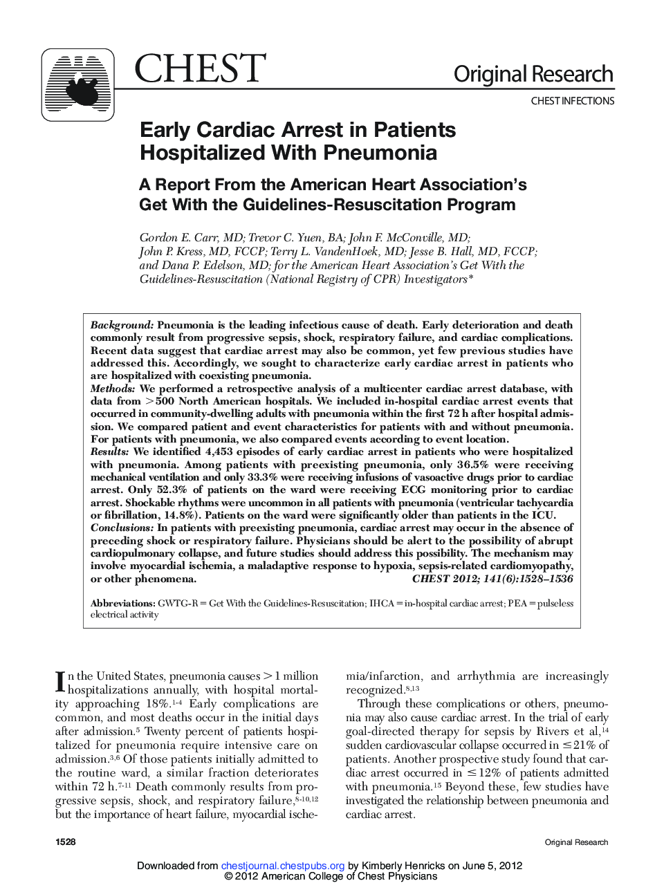 Early Cardiac Arrest in Patients Hospitalized With Pneumonia : A Report From the American Heart Association's Get With the Guidelines-Resuscitation Program