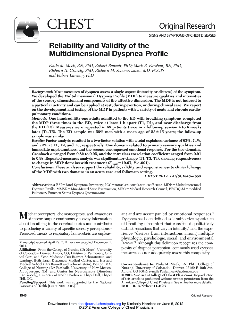 Reliability and Validity of the Multidimensional Dyspnea Profile 