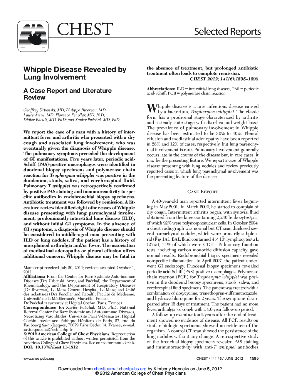 Whipple Disease Revealed by Lung Involvement : A Case Report and Literature Review
