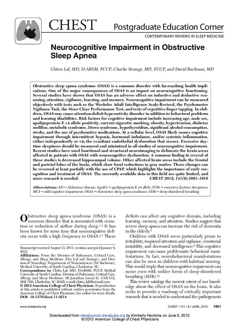 Neurocognitive Impairment in Obstructive Sleep Apnea 