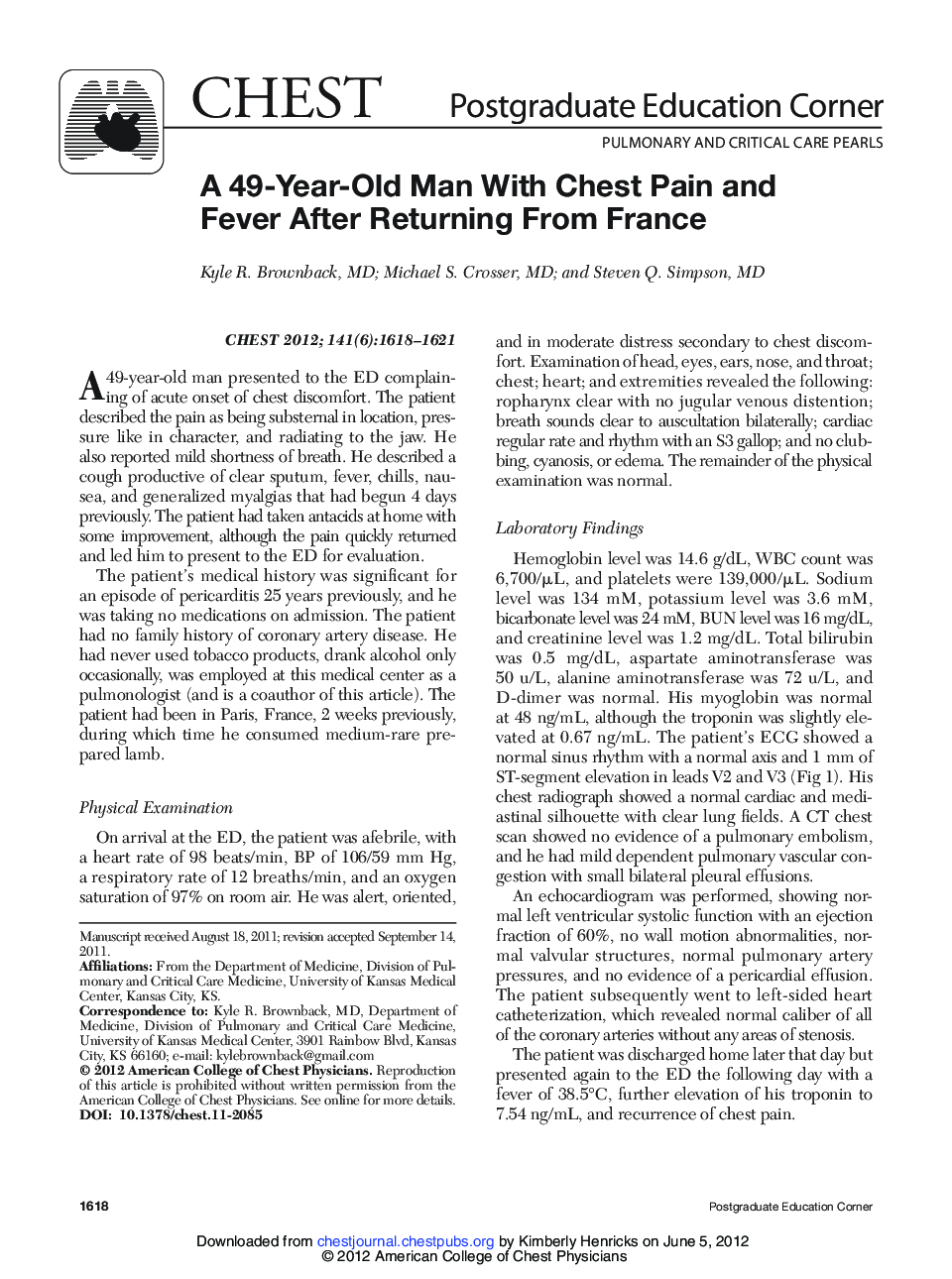 A 49-Year-Old Man With Chest Pain and Fever After Returning From France