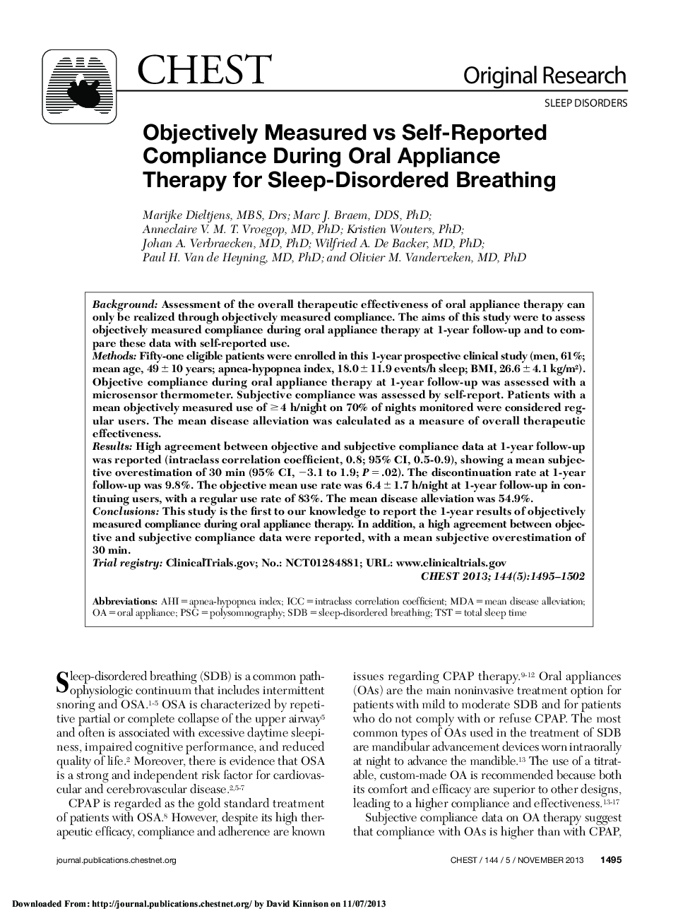 Objectively Measured vs Self-Reported Compliance During Oral Appliance Therapy for Sleep-Disordered Breathing 