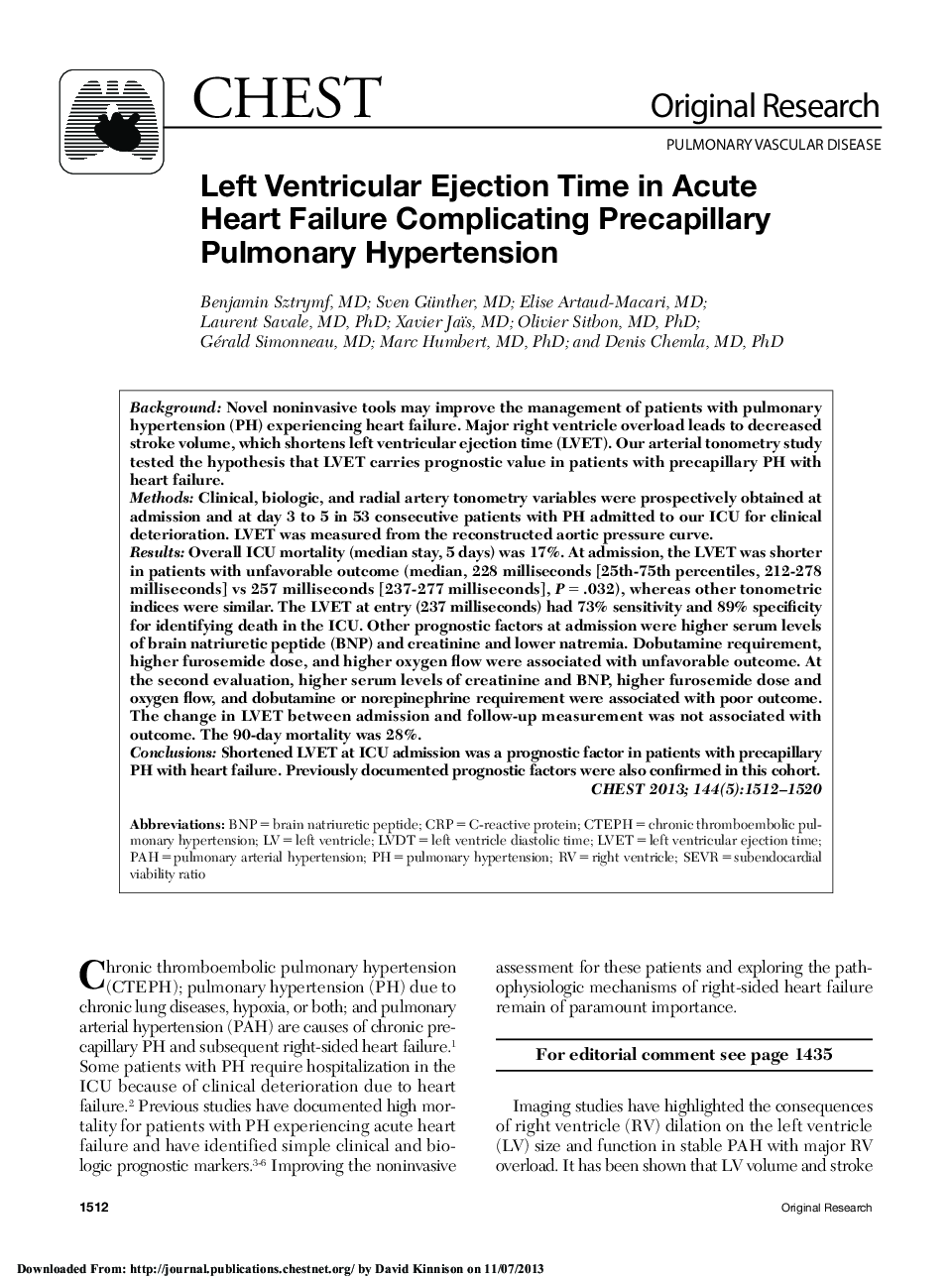 Left Ventricular Ejection Time in Acute Heart Failure Complicating Precapillary Pulmonary Hypertension 