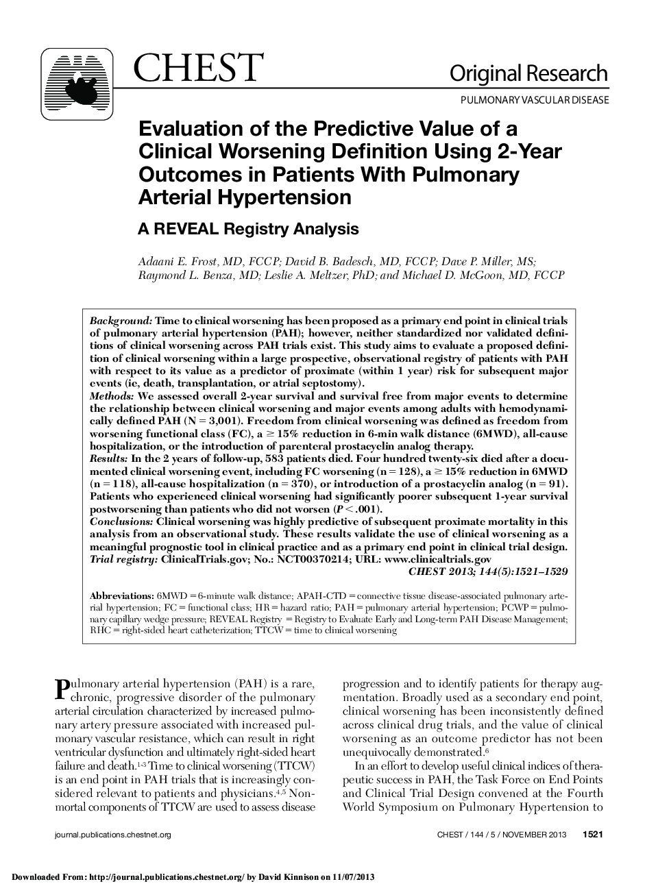 Evaluation of the Predictive Value of a Clinical Worsening Definition Using 2-Year Outcomes in Patients With Pulmonary Arterial Hypertension