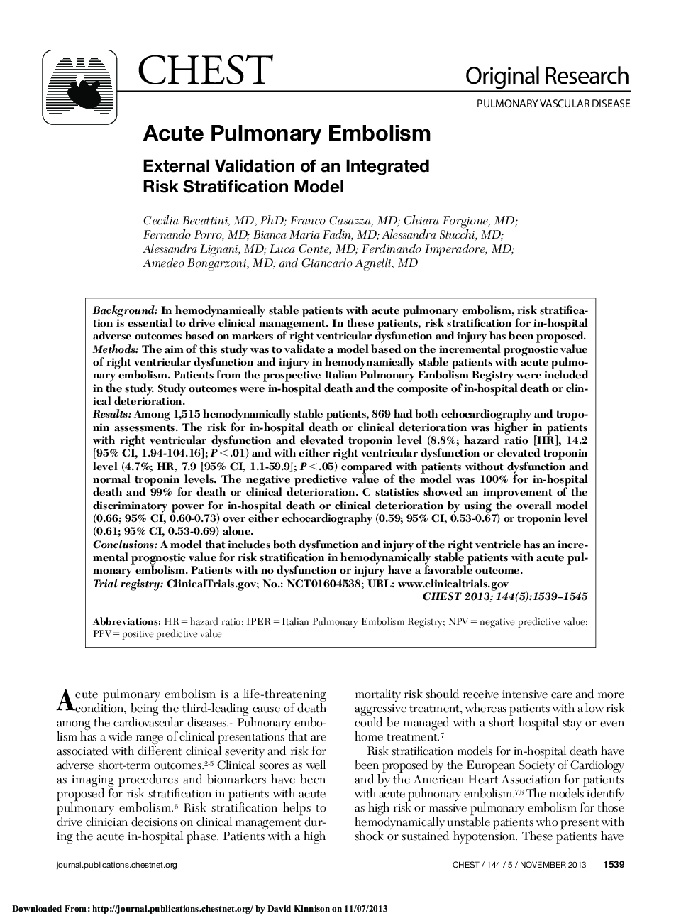 Acute Pulmonary Embolism: External Validation of an Integrated Risk Stratification Model