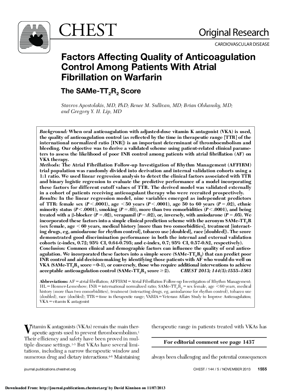 Factors Affecting Quality of Anticoagulation Control Among Patients With Atrial Fibrillation on Warfarin : The SAMe-TT2R2 Score