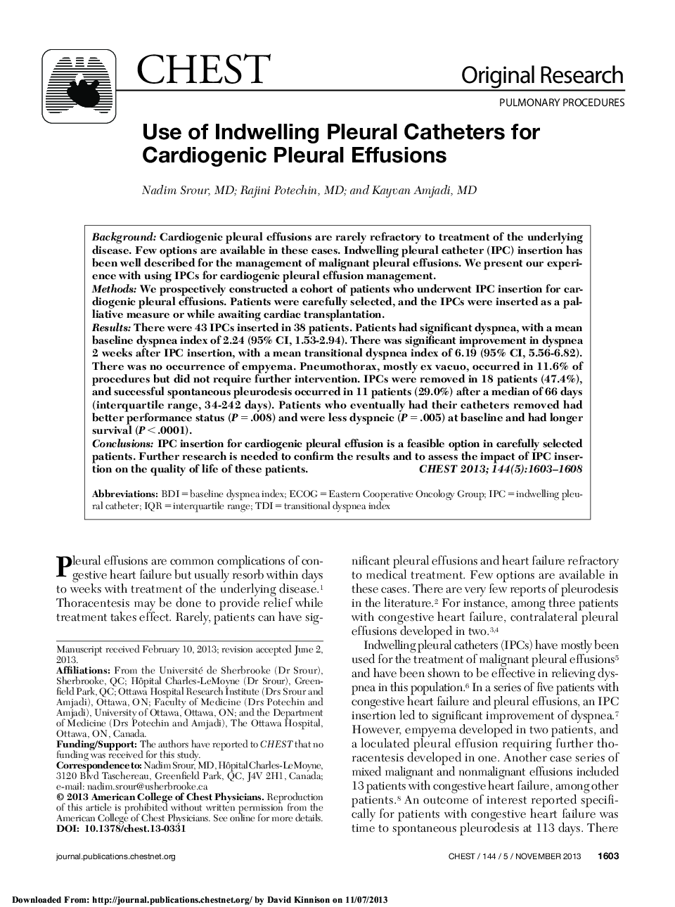 عکس صفحه اول مقاله: Use of Indwelling Pleural Catheters for Cardiogenic Pleural Effusions Use of Indwelling Pleural Catheters for Cardiogenic Pleural Effusions
