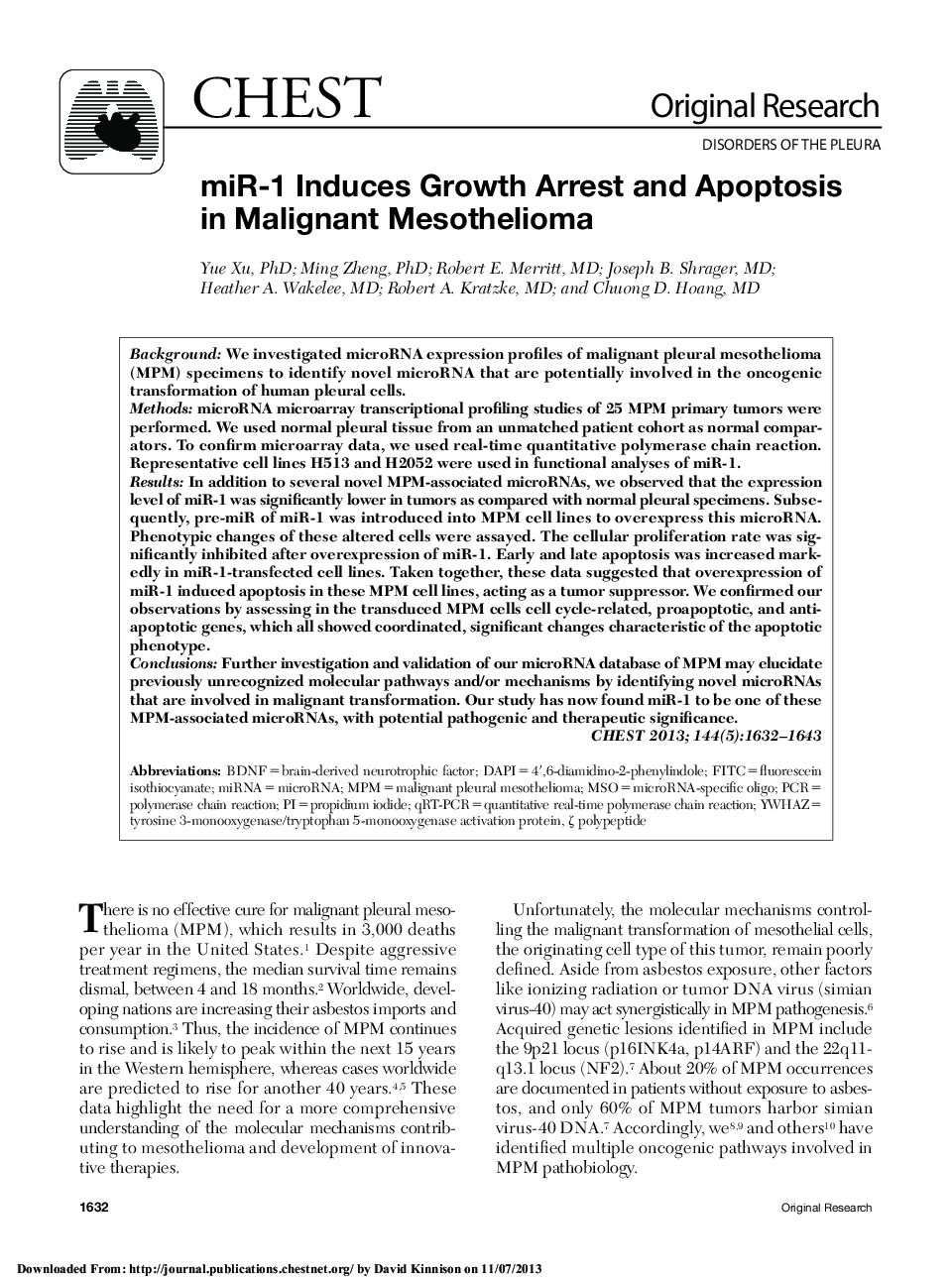 عکس صفحه اول مقاله: miR-1 Induces Growth Arrest and Apoptosis in Malignant Mesothelioma miR-1 Induces Growth Arrest and Apoptosis in Malignant Mesothelioma