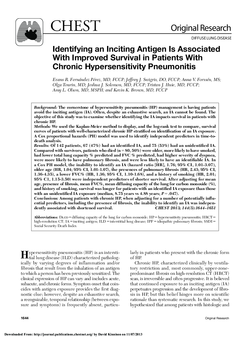 عکس صفحه اول مقاله: Identifying an Inciting Antigen Is Associated With Improved Survival in Patients With Chronic Hypersensitivity Pneumonitis Identifying an Inciting Antigen Is Associated With Improved Survival in Patients With Chronic Hypersensitivity Pneumonitis
