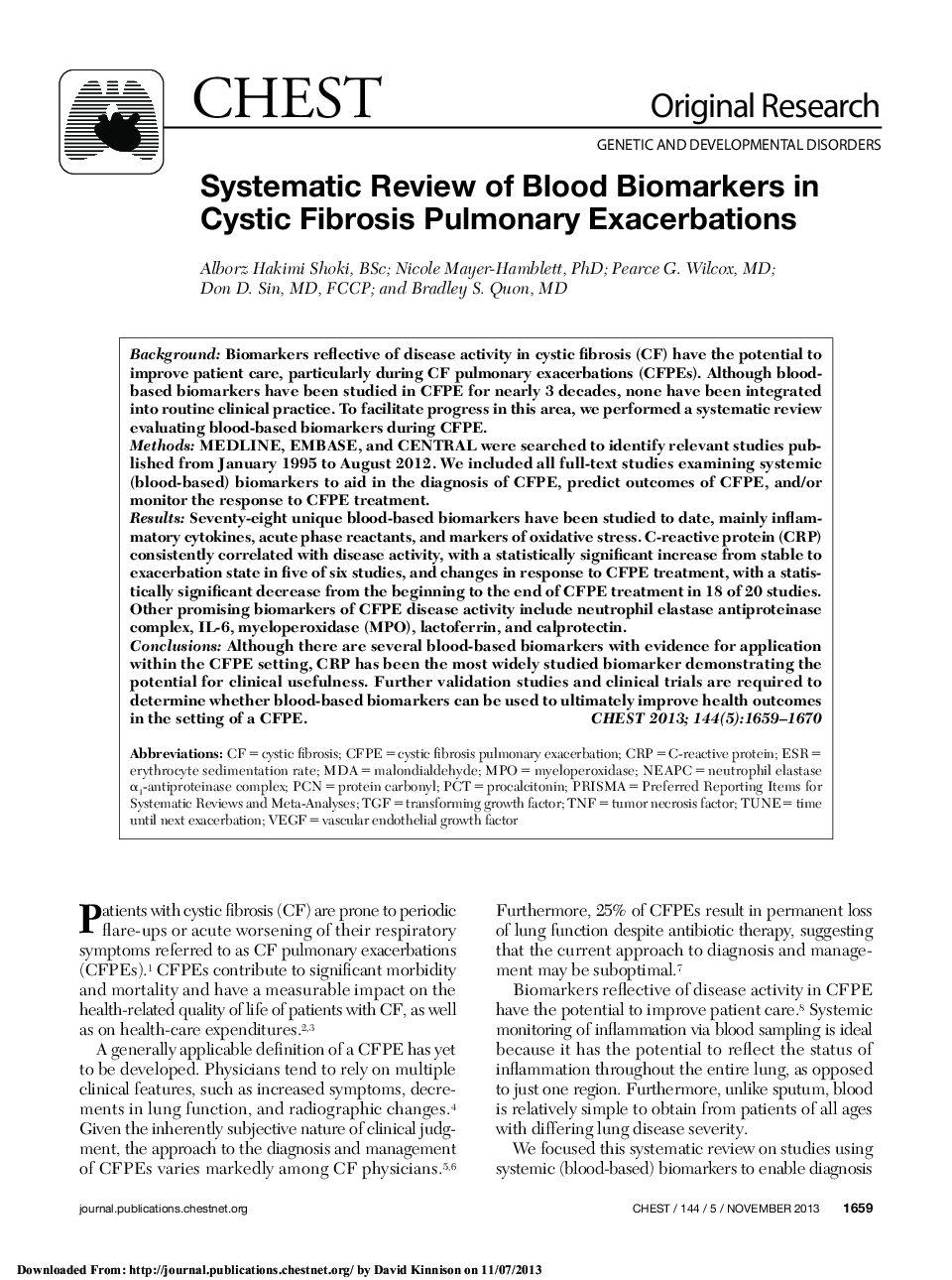 Systematic Review of Blood Biomarkers in Cystic Fibrosis Pulmonary Exacerbations 