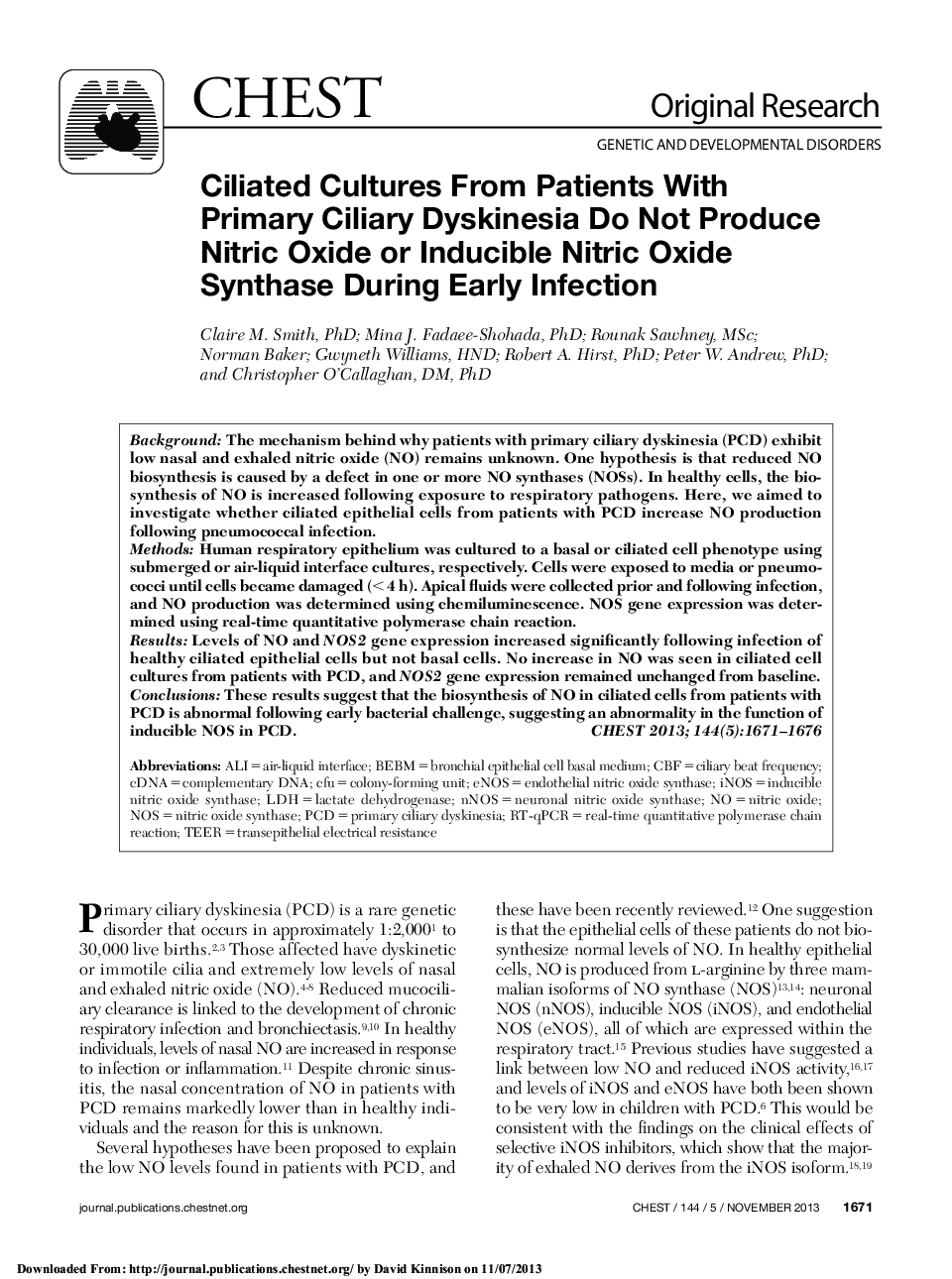 Ciliated Cultures From Patients With Primary Ciliary Dyskinesia Do Not Produce Nitric Oxide or Inducible Nitric Oxide Synthase During Early Infection 