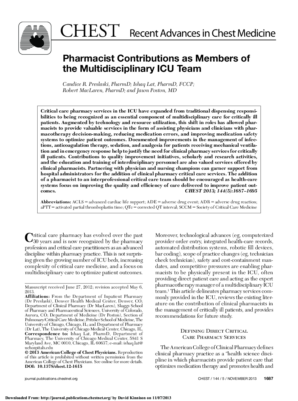 Pharmacist Contributions as Members of the Multidisciplinary ICU Team 