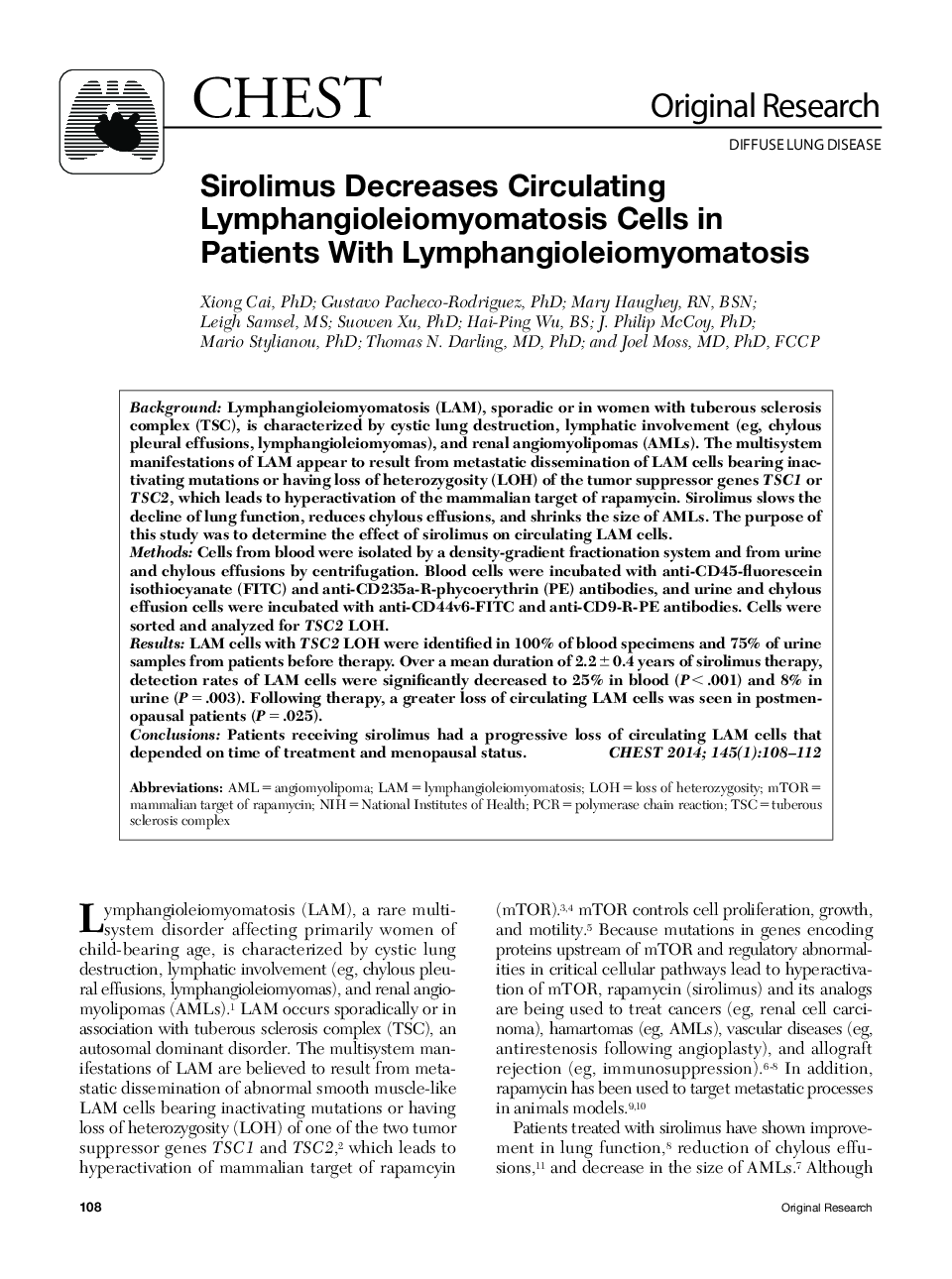 Sirolimus Decreases Circulating Lymphangioleiomyomatosis Cells in Patients With Lymphangioleiomyomatosis 