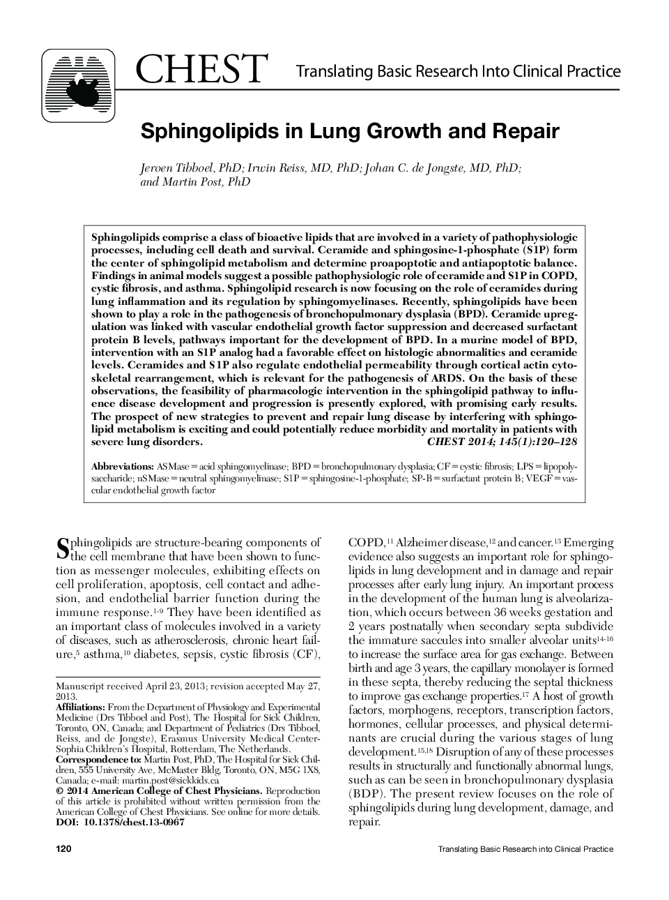 Sphingolipids in Lung Growth and Repair 