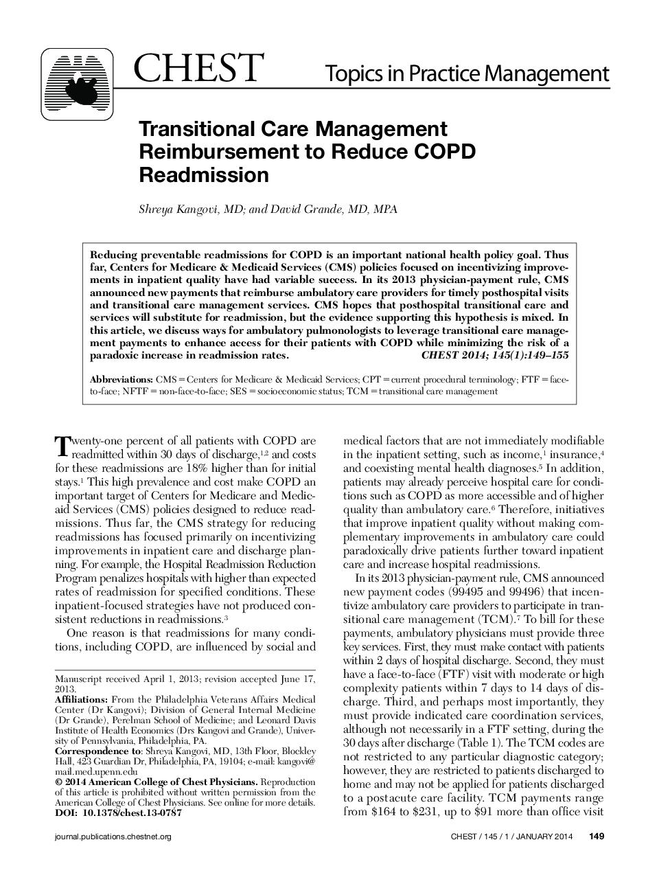 Transitional Care Management Reimbursement to Reduce COPD Readmission 