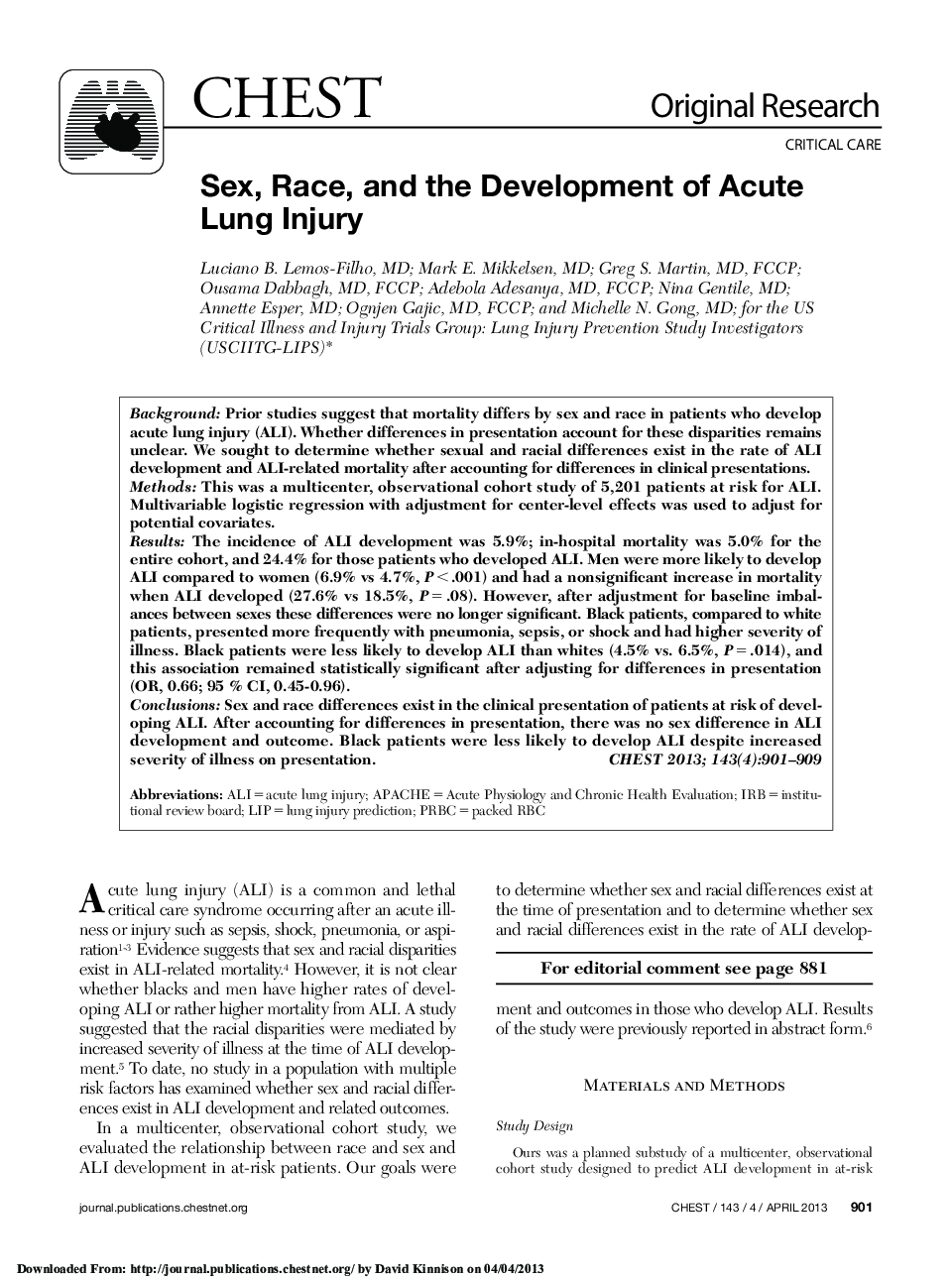 Sex, Race, and the Development of Acute Lung Injury 