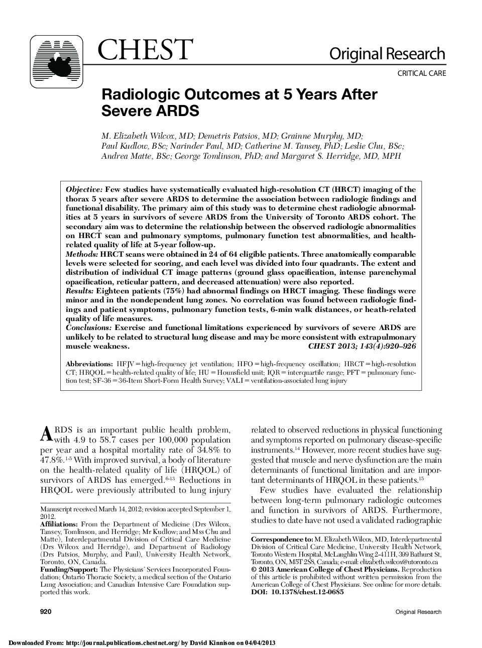 Radiologic Outcomes at 5 Years After Severe ARDS 