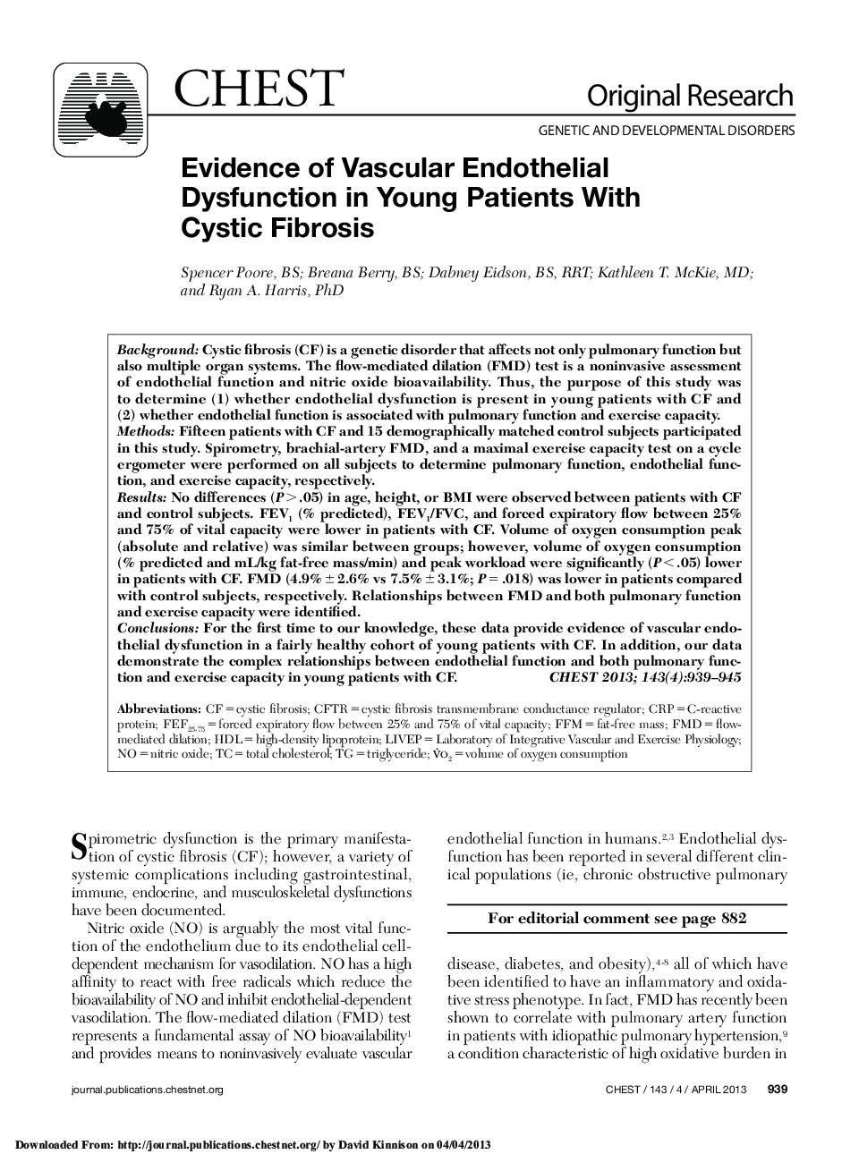 Evidence of Vascular Endothelial Dysfunction in Young Patients With Cystic Fibrosis