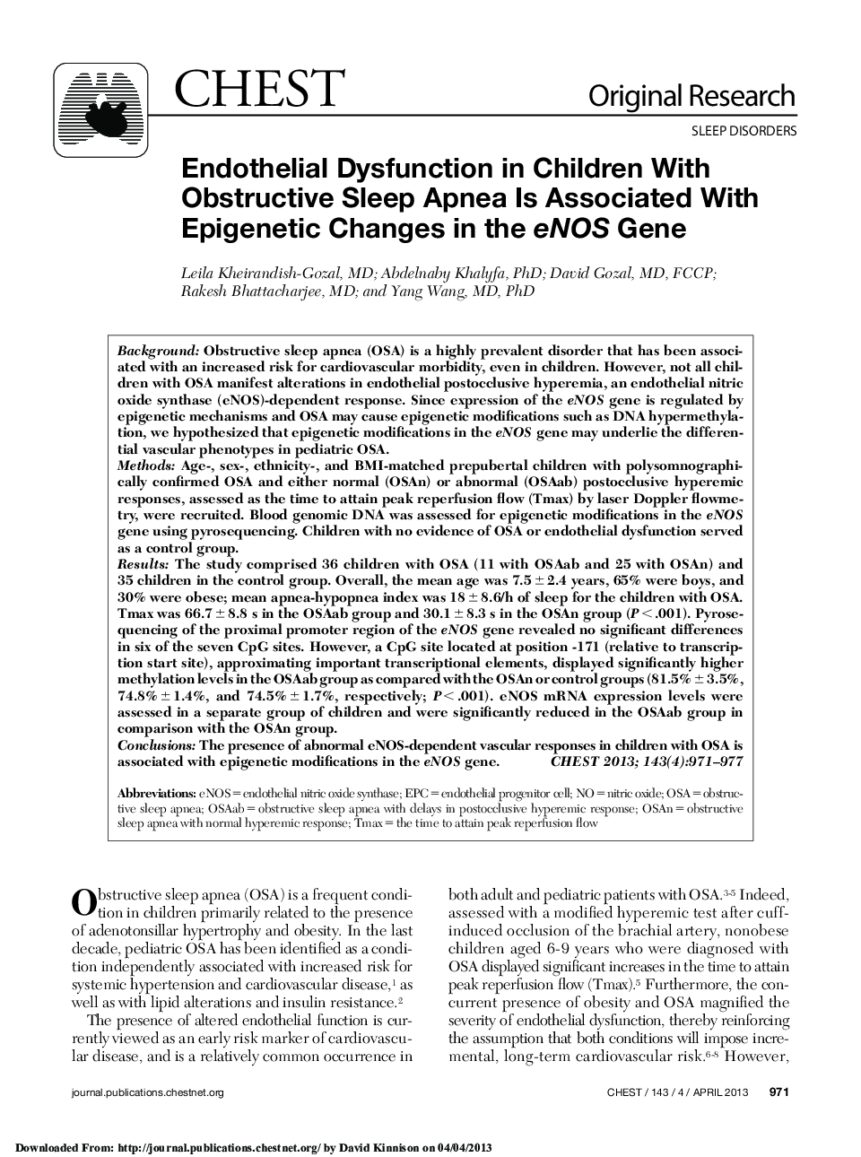 Endothelial Dysfunction in Children With Obstructive Sleep Apnea Is Associated With Epigenetic Changes in the eNOS Gene 