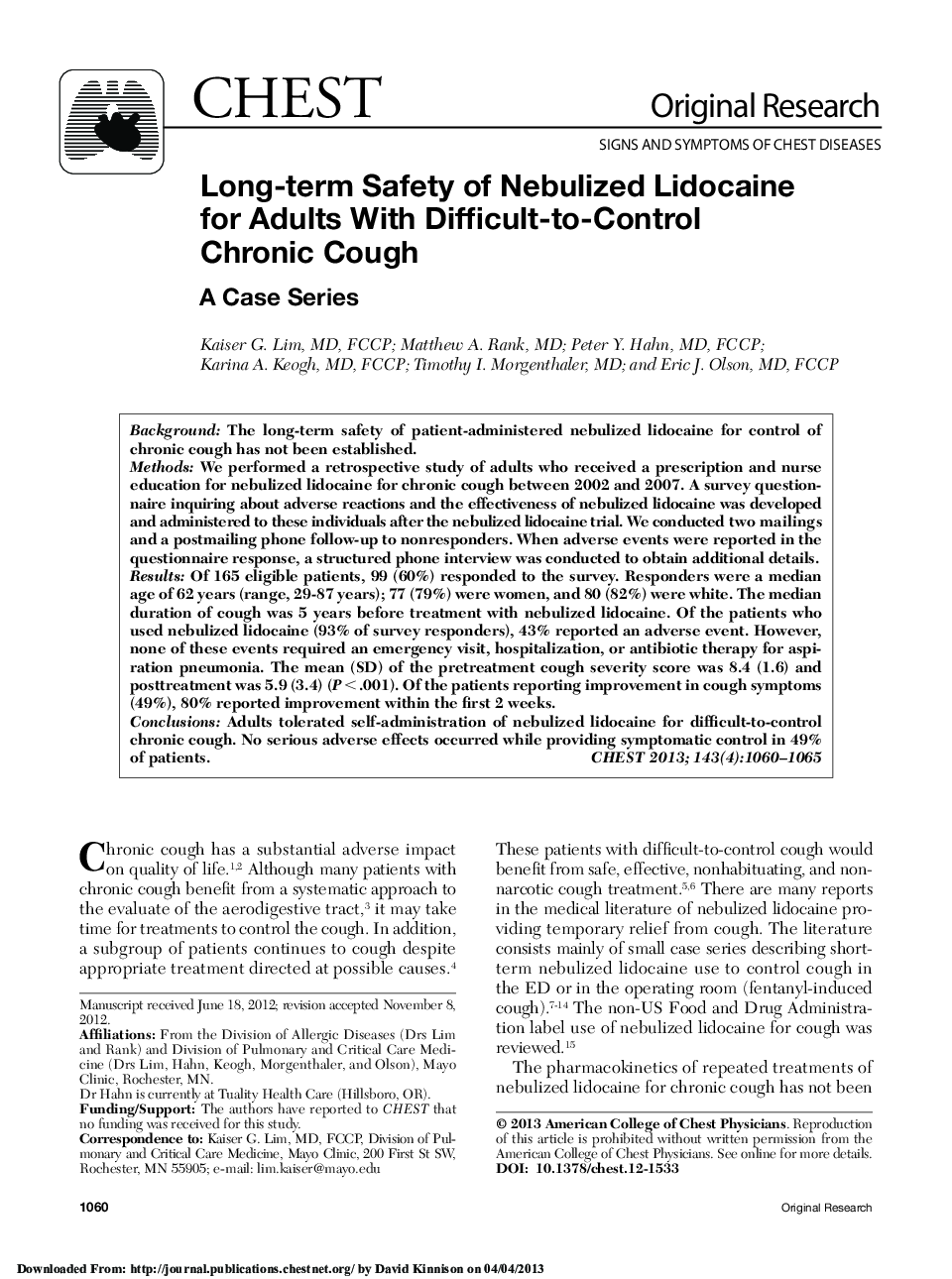 Long-term Safety of Nebulized Lidocaine for Adults With Difficult-to-Control Chronic Cough : A Case Series