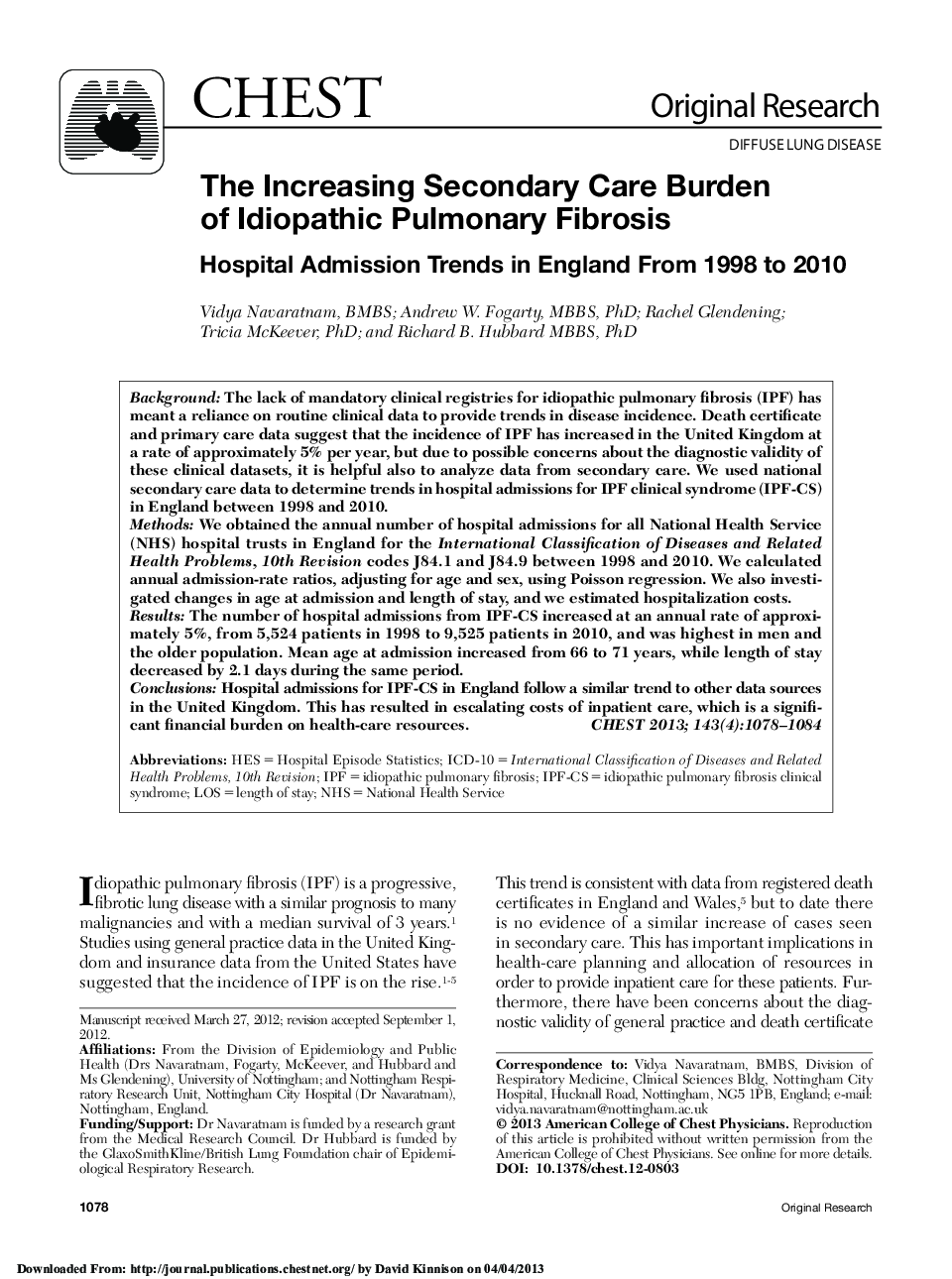 The Increasing Secondary Care Burden of Idiopathic Pulmonary Fibrosis : Hospital Admission Trends in England From 1998 to 2010