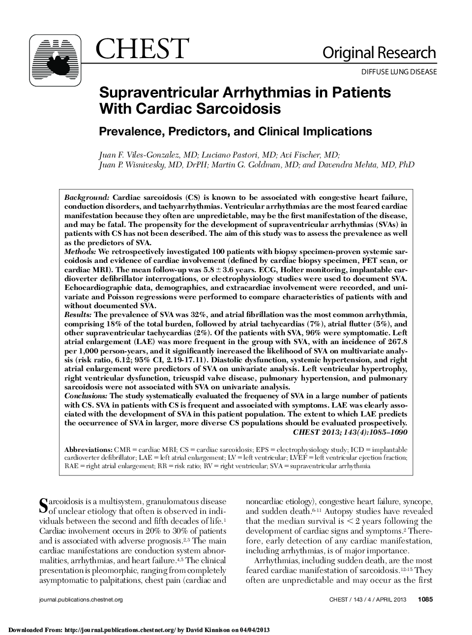 Supraventricular Arrhythmias in Patients With Cardiac Sarcoidosis : Prevalence, Predictors, and Clinical Implications