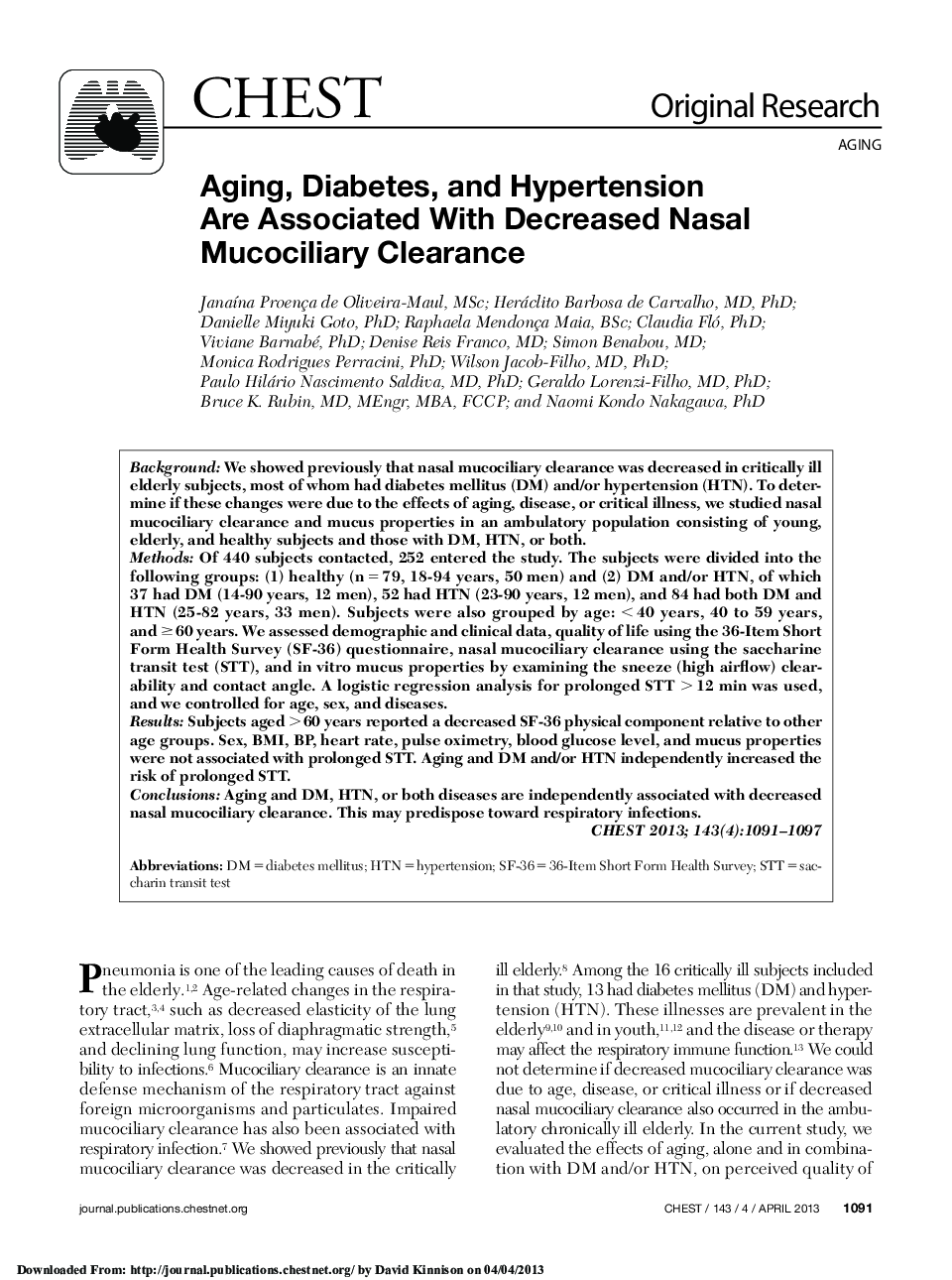 Aging, Diabetes, and Hypertension Are Associated With Decreased Nasal Mucociliary Clearance