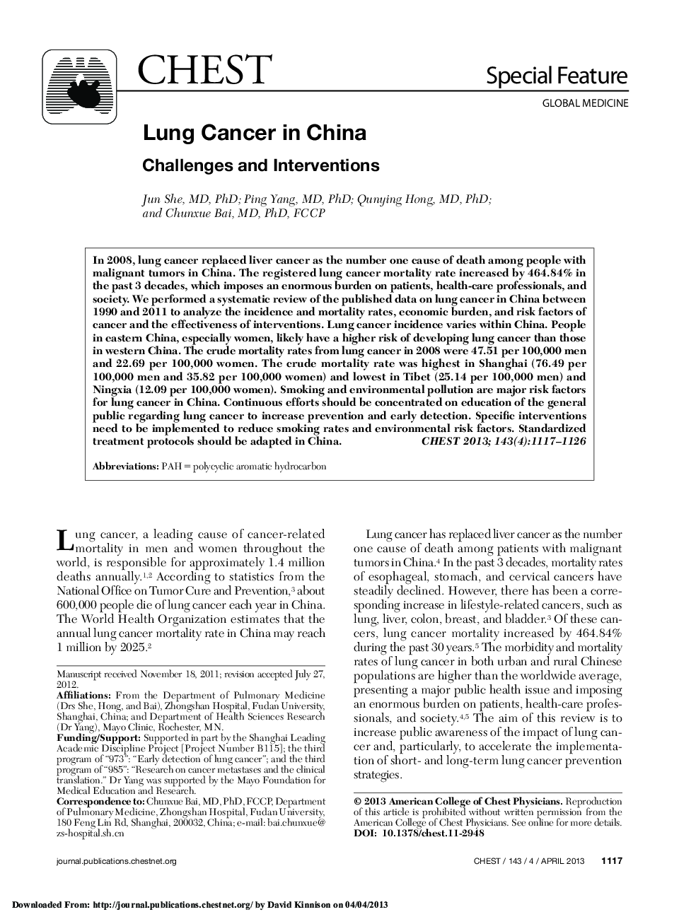 Lung Cancer in China : Challenges and Interventions