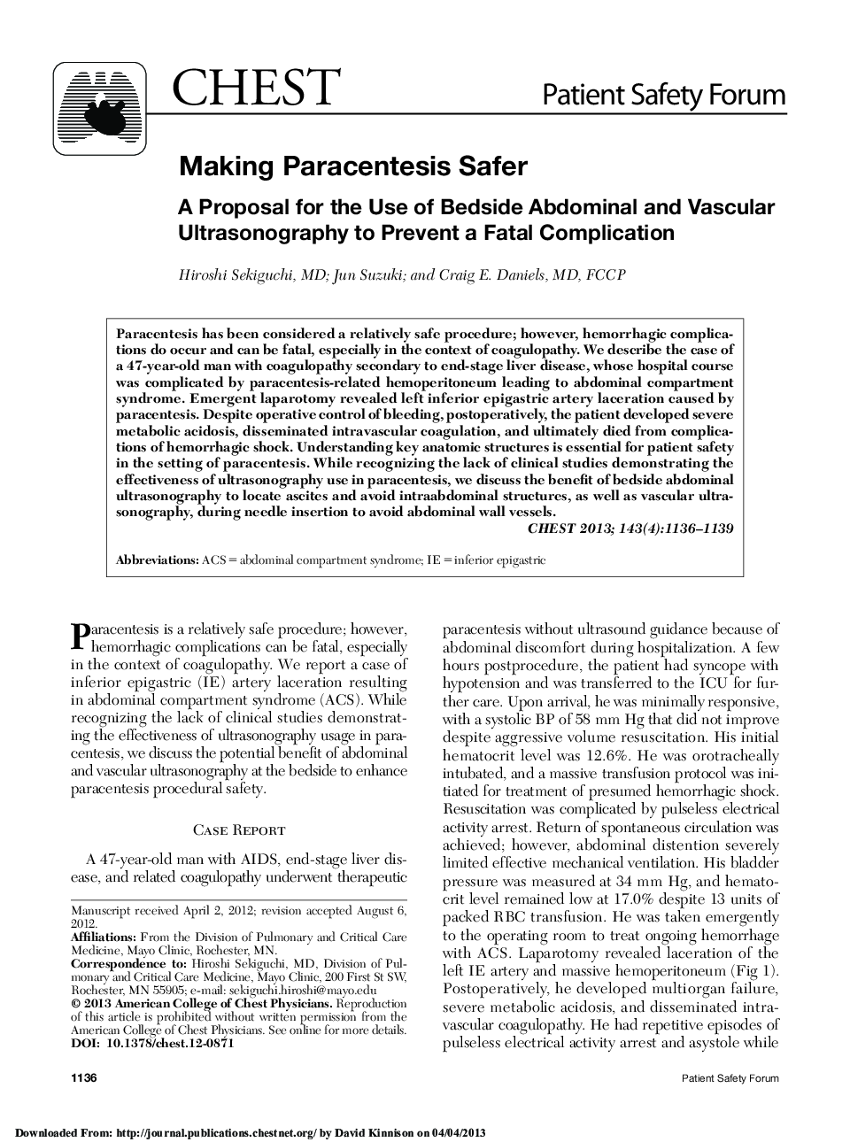 Making Paracentesis Safer : A Proposal for the Use of Bedside Abdominal and Vascular Ultrasonography to Prevent a Fatal Complication