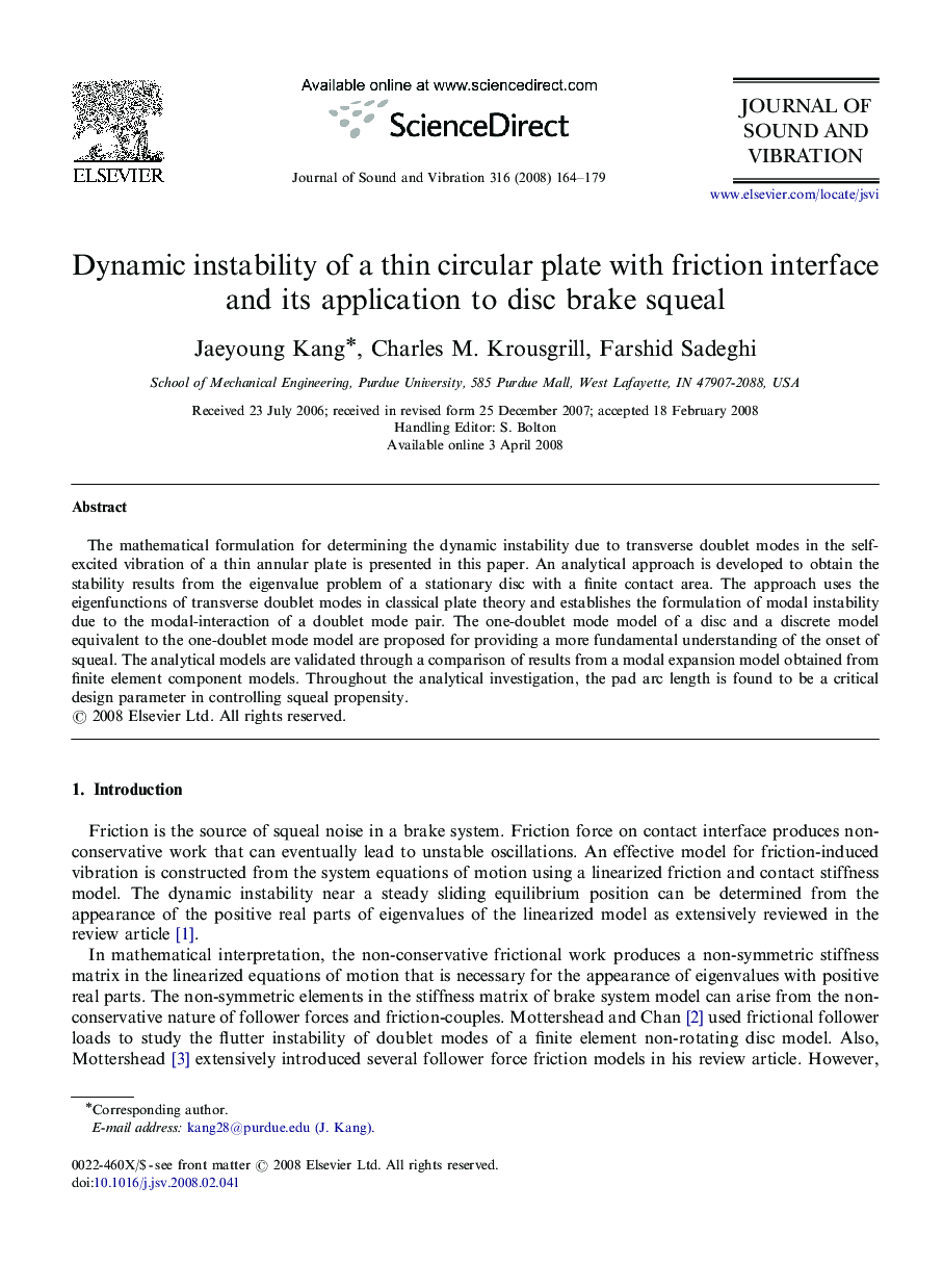 Dynamic instability of a thin circular plate with friction interface and its application to disc brake squeal