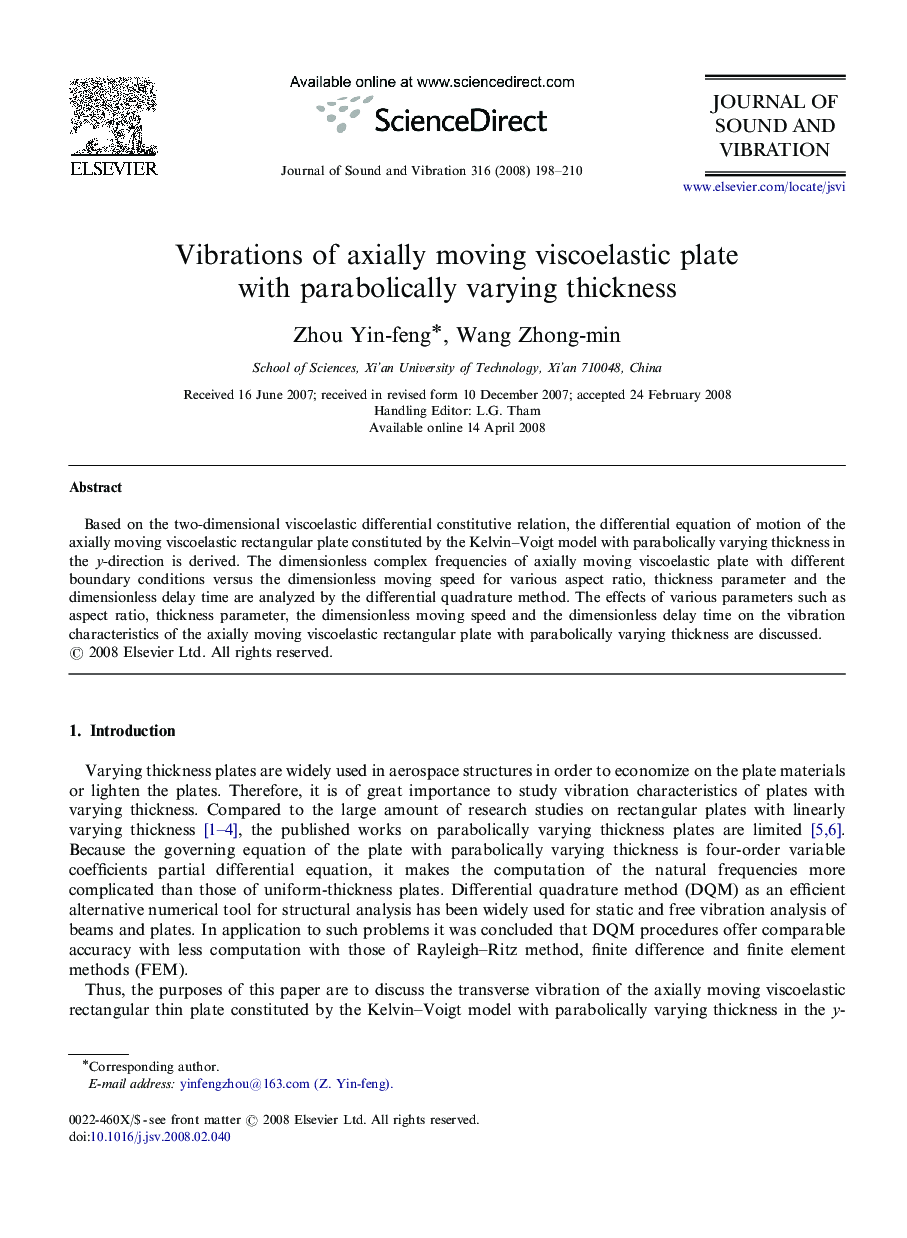 Vibrations of axially moving viscoelastic plate with parabolically varying thickness