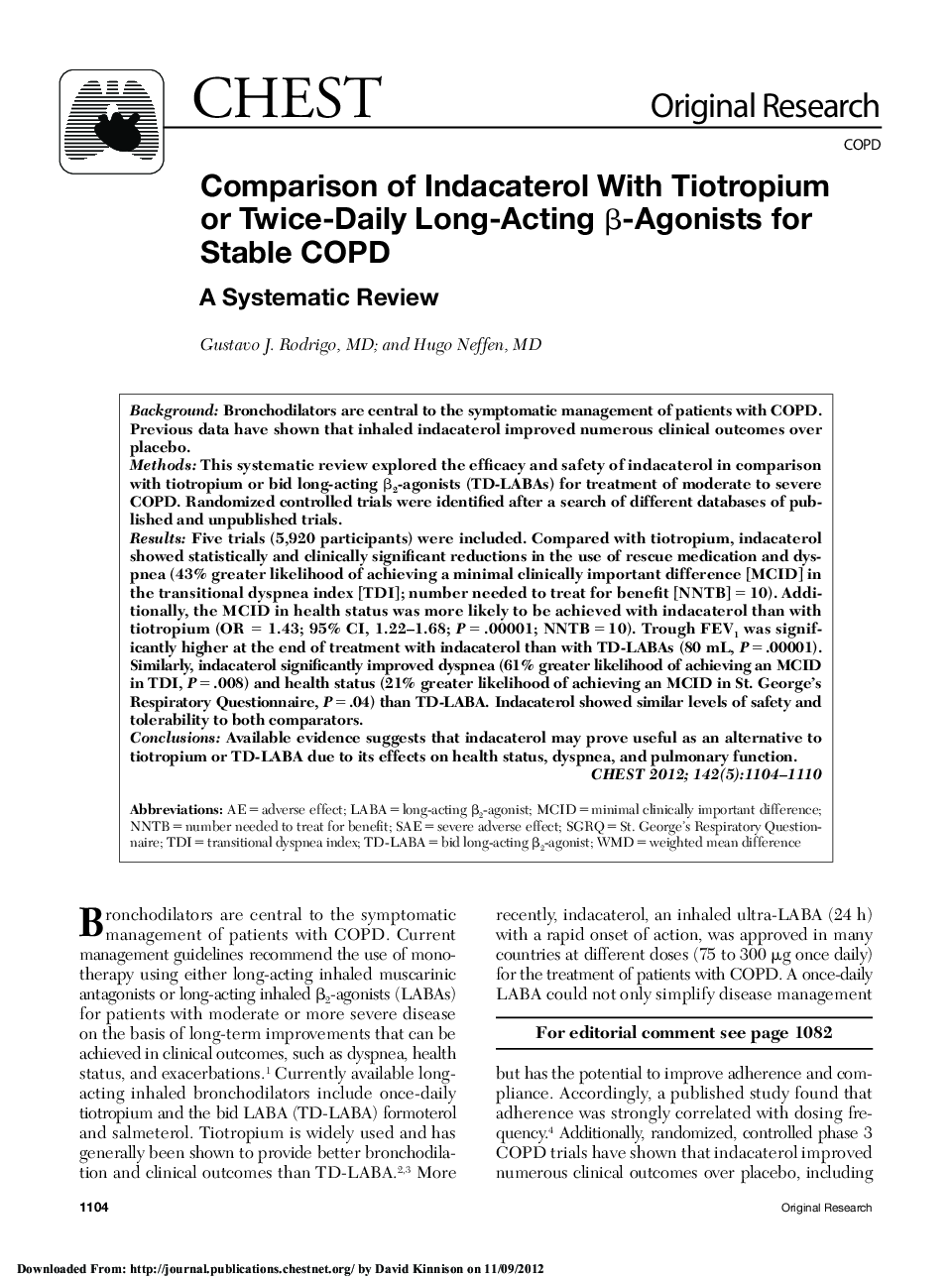 Comparison of Indacaterol With Tiotropium or Twice-Daily Long-Acting β-Agonists for Stable COPD : A Systematic Review