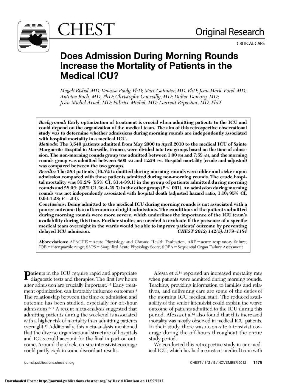 Does Admission During Morning Rounds Increase the Mortality of Patients in the Medical ICU? 
