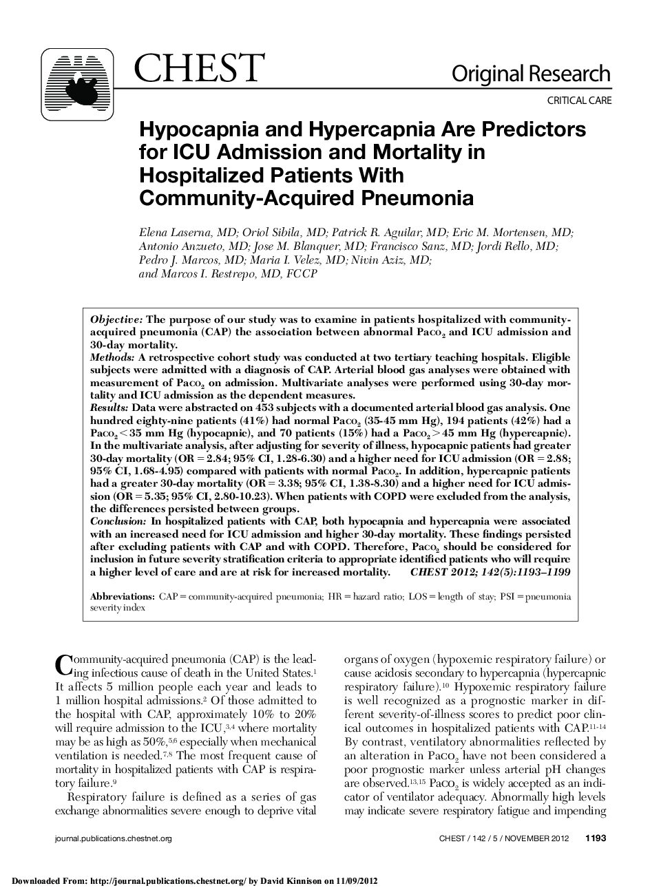 Hypocapnia and Hypercapnia Are Predictors for ICU Admission and Mortality in Hospitalized Patients With Community-Acquired Pneumonia 
