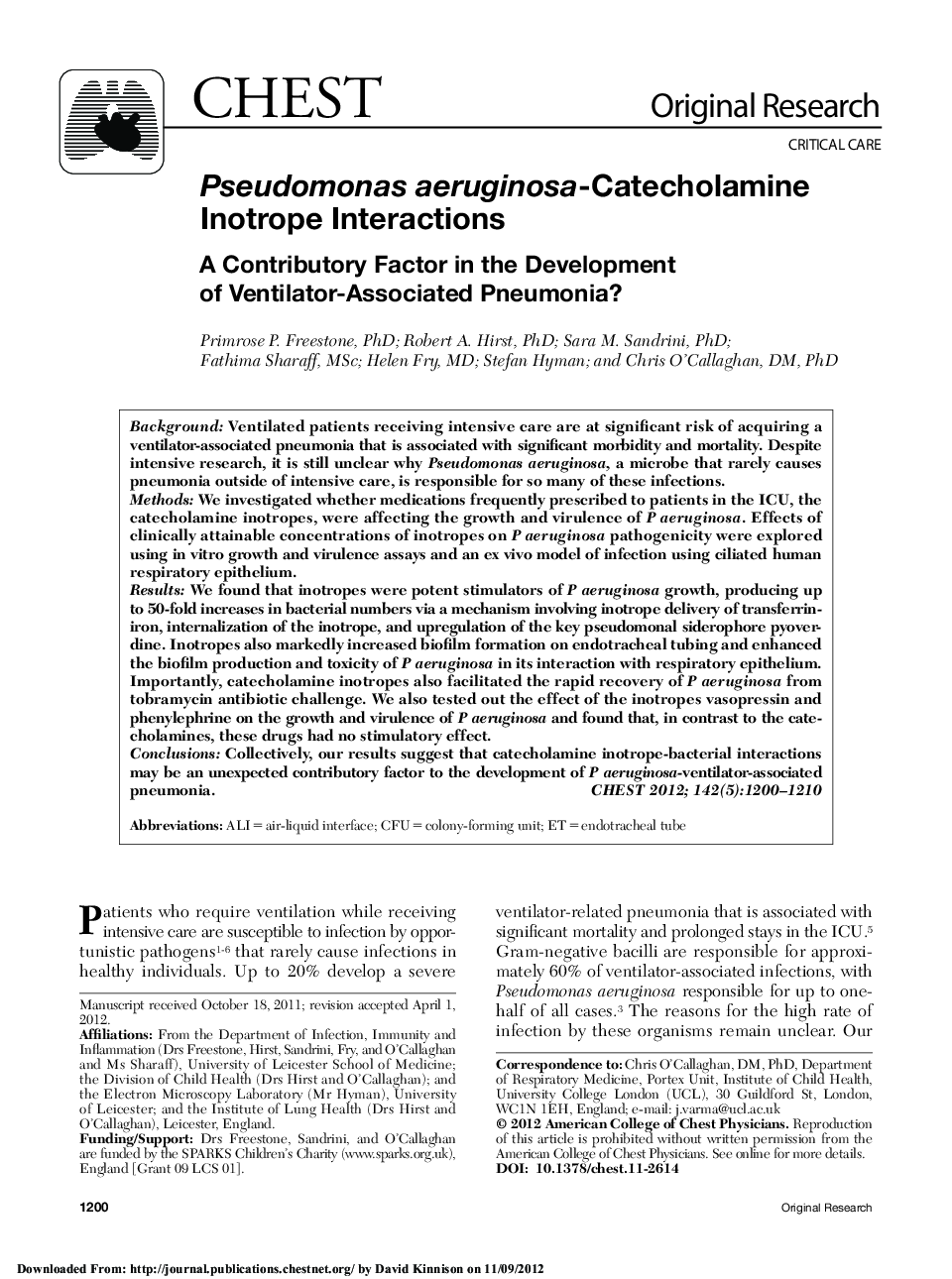 Pseudomonas aeruginosa-Catecholamine Inotrope Interactions : A Contributory Factor in the Development of Ventilator-Associated Pneumonia?