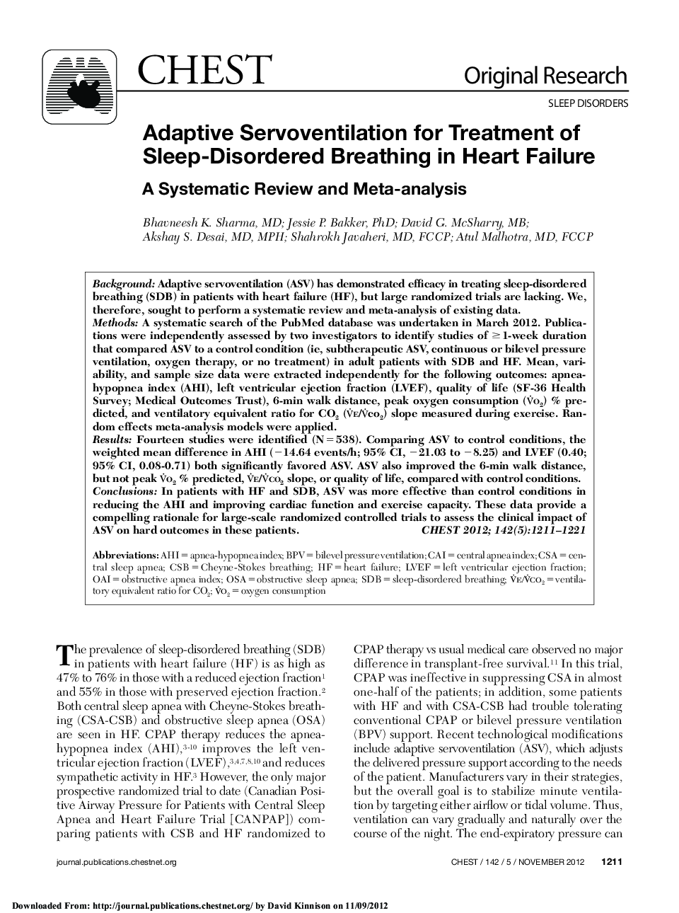 عکس صفحه اول مقاله: Adaptive Servoventilation for Treatment of Sleep-Disordered Breathing in Heart Failure : A Systematic Review and Meta-analysis Adaptive Servoventilation for Treatment of Sleep-Disordered Breathing in Heart Failure : A Systematic Review and Meta-analysis