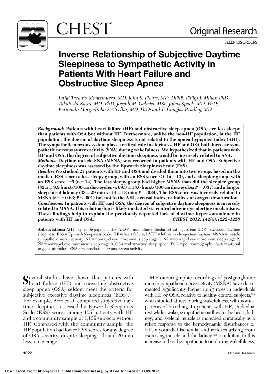 Inverse Relationship of Subjective Daytime Sleepiness to Sympathetic Activity in Patients With Heart Failure and Obstructive Sleep Apnea 