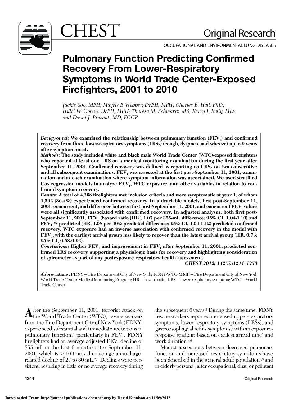 Pulmonary Function Predicting Confirmed Recovery From Lower-Respiratory Symptoms in World Trade Center-Exposed Firefighters, 2001 to 2010 