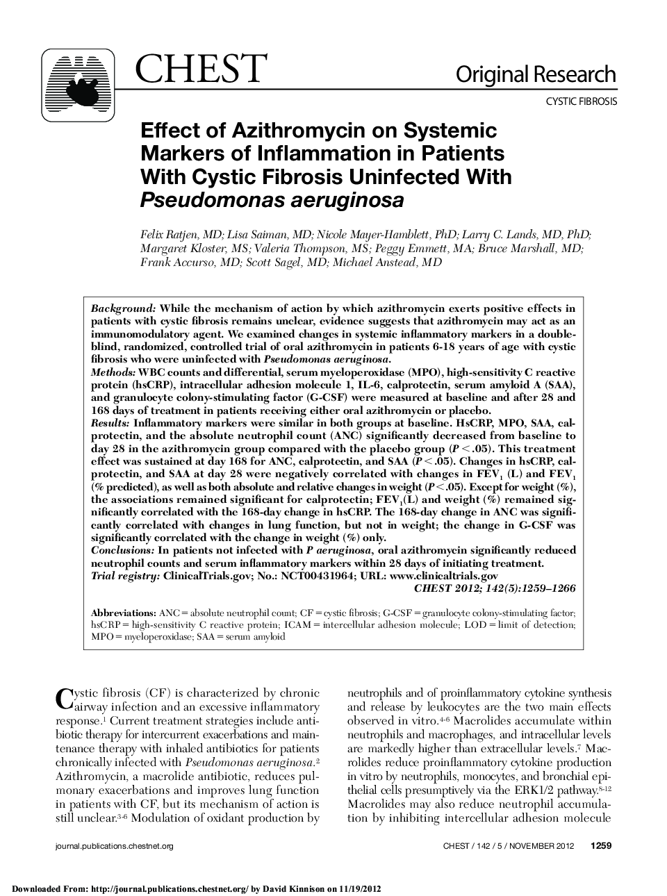 Effect of Azithromycin on Systemic Markers of Inflammation in Patients With Cystic Fibrosis Uninfected With Pseudomonas aeruginosa 