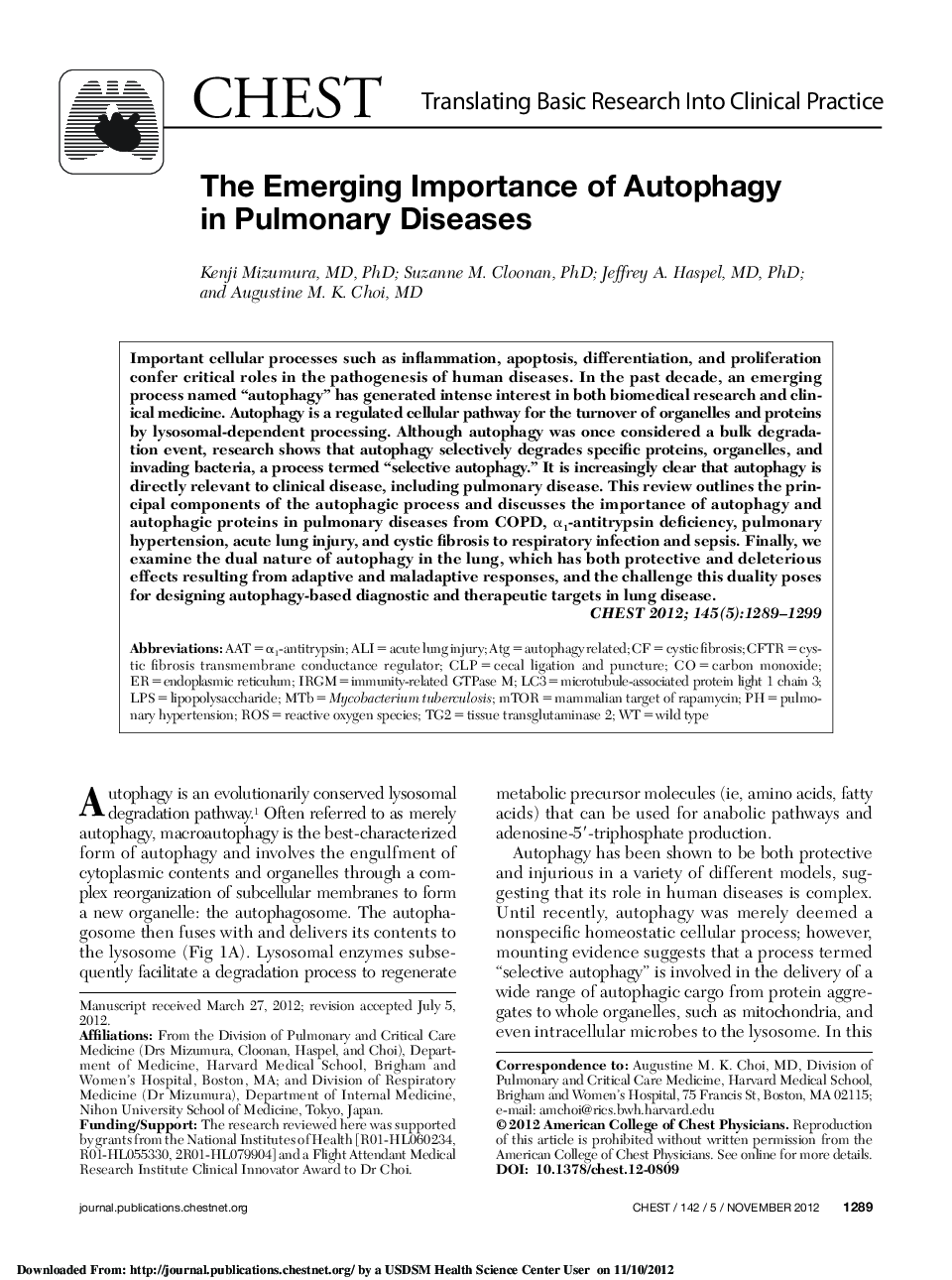 The Emerging Importance of Autophagy in Pulmonary Diseases