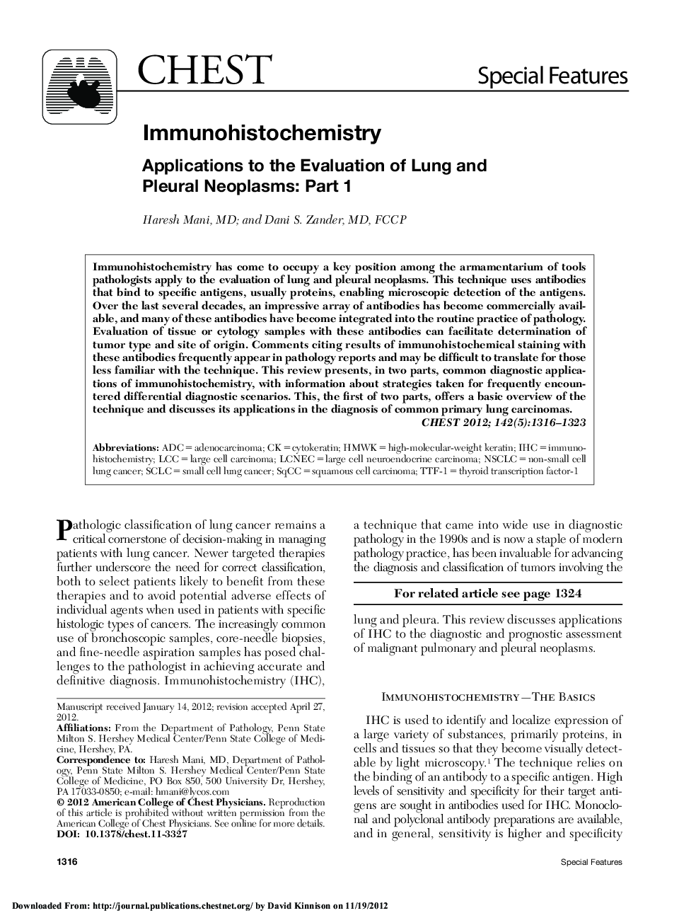 Immunohistochemistry : Applications to the Evaluation of Lung and Pleural Neoplasms: Part 1