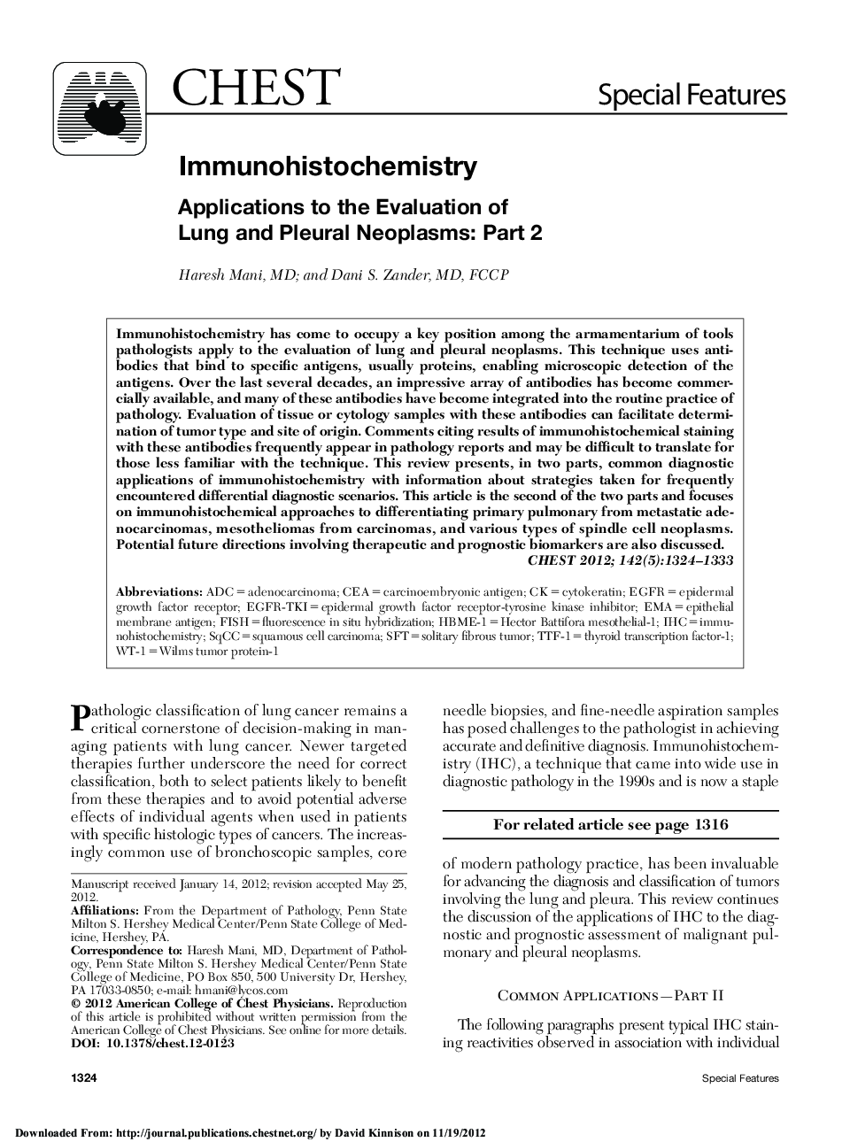 Immunohistochemistry : Applications to the Evaluation of Lung and Pleural Neoplasms: Part 2